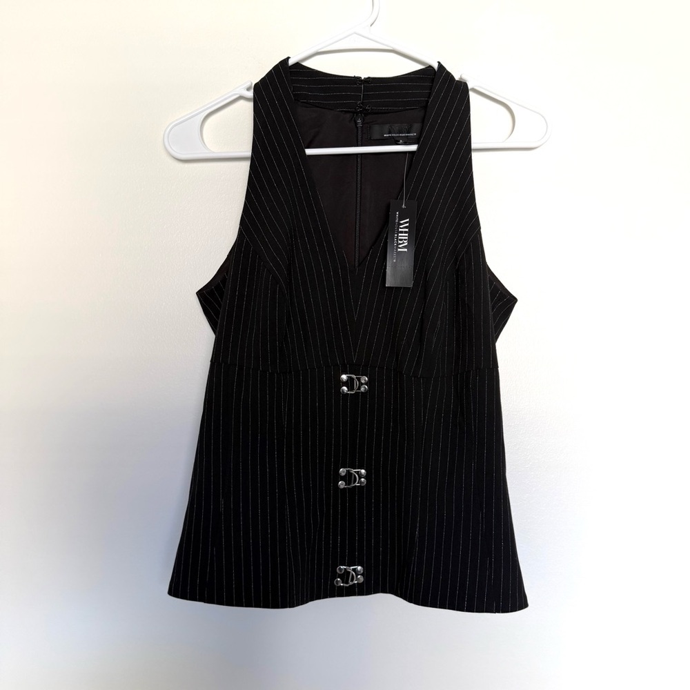 White House Black Market Pinstriped Hook & Eye Halter Top - Picture 4 of 11